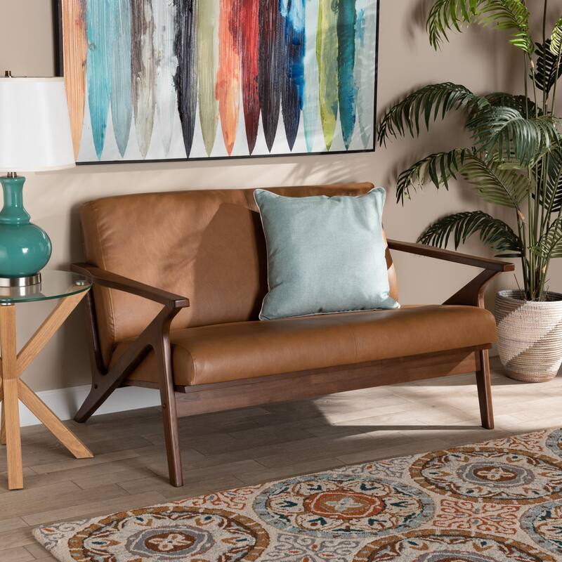 Bianca Mid-Century Modern Finished Wood and Faux Leather Loveseat