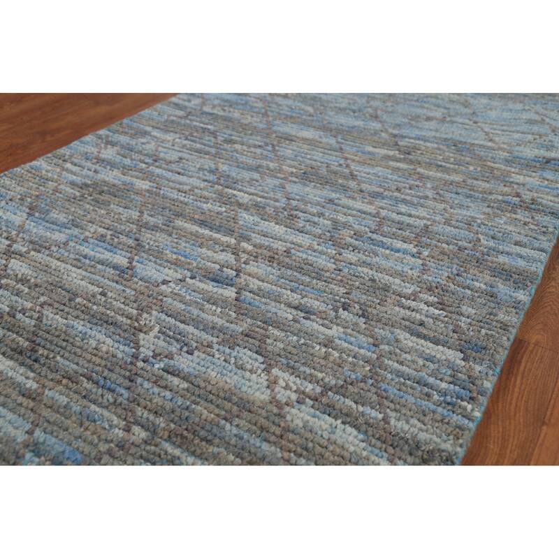 Striped Blue Trellis Moroccan Runner Rug Hand-Knotted Wool Carpet - 3'0"x 12'5"