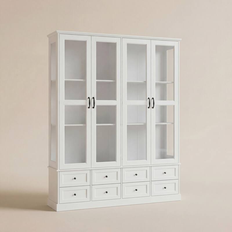 63" Lighted Glass Display Cabinet Curio Cabinet with Bluetooth LED Lights, White China Cabinet Storage for Living Room