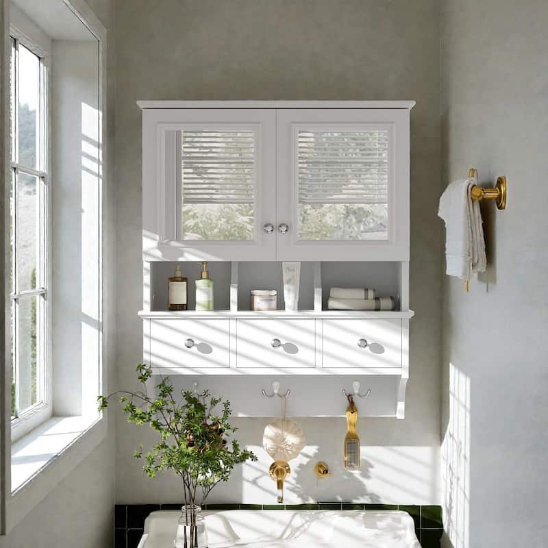 24 Inch 4-in-1 Wall Mounted Medicine Cabinet with Mirror, Drawers and Hooks, Bathroom Storage Organizer