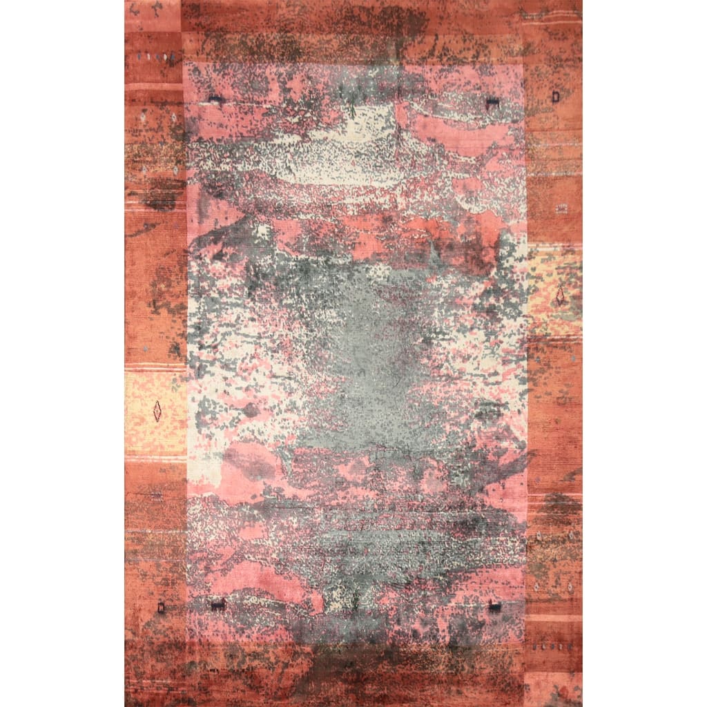 Hand Knotted Oriental Viscose Silk Carpet Modern All-Over Pink Abstract Area Rug - 7' 6'' X 5' 4''