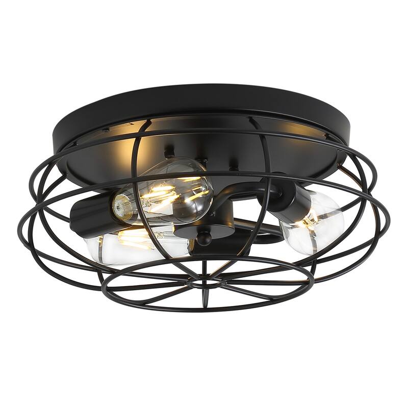 Industrial Black 3-Light Caged Shape Flush Mount Lamp