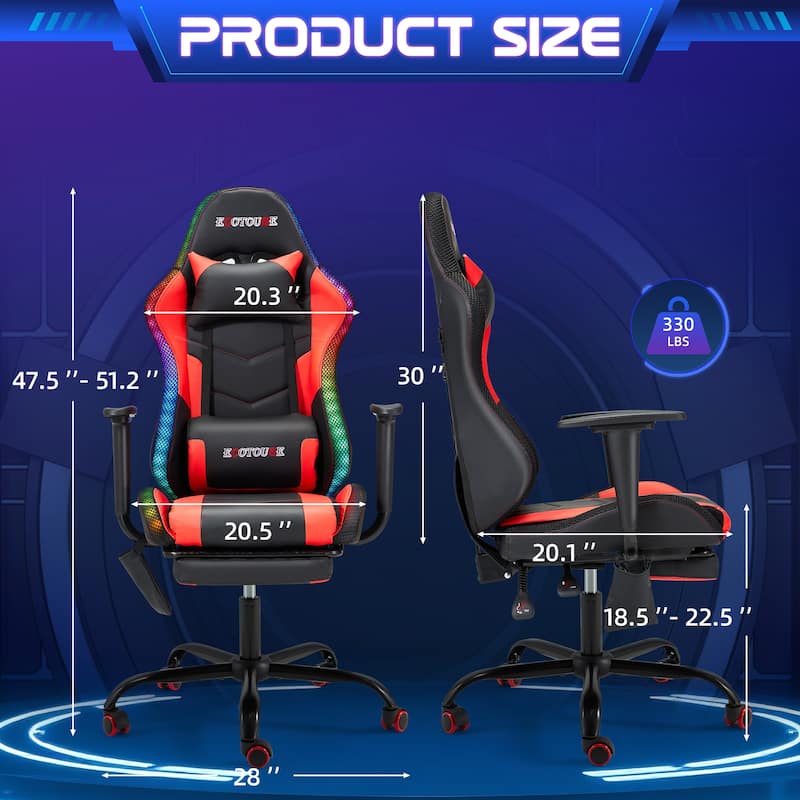 EROMMY RGB LED Gaming Chair with Massage Lumbar Support & Footrest, Ergonomic Reclining Computer Chair for Adults