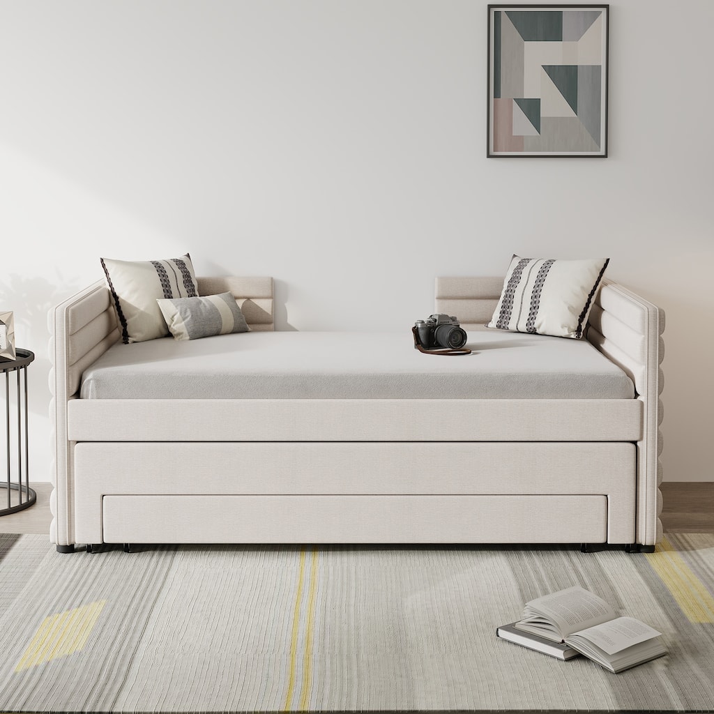 Double Upholstered Daybed with Trundle and 3 Storage Drawers