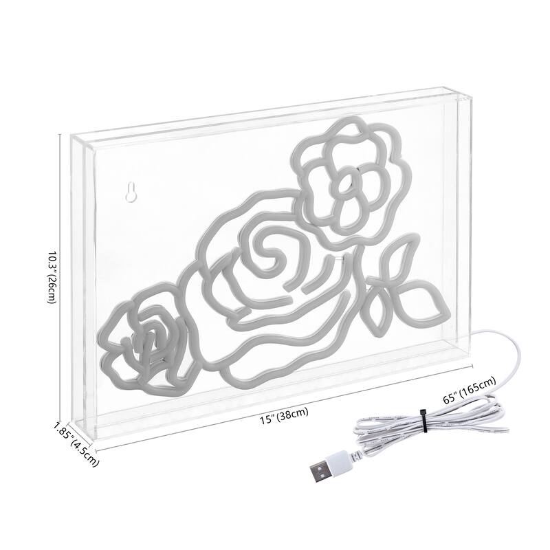 Crowd Of Roses 15" X 10.3" Contemporary Glam Acrylic Box USB Operated LED Neon Light, Pink/White/Yellow by JONATHAN Y