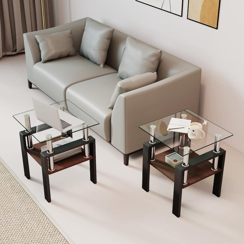 Set of 2 Modern Tempered Glass Tea Table,Tempered Glass Tabletop with MDF Layer,Coffee Table