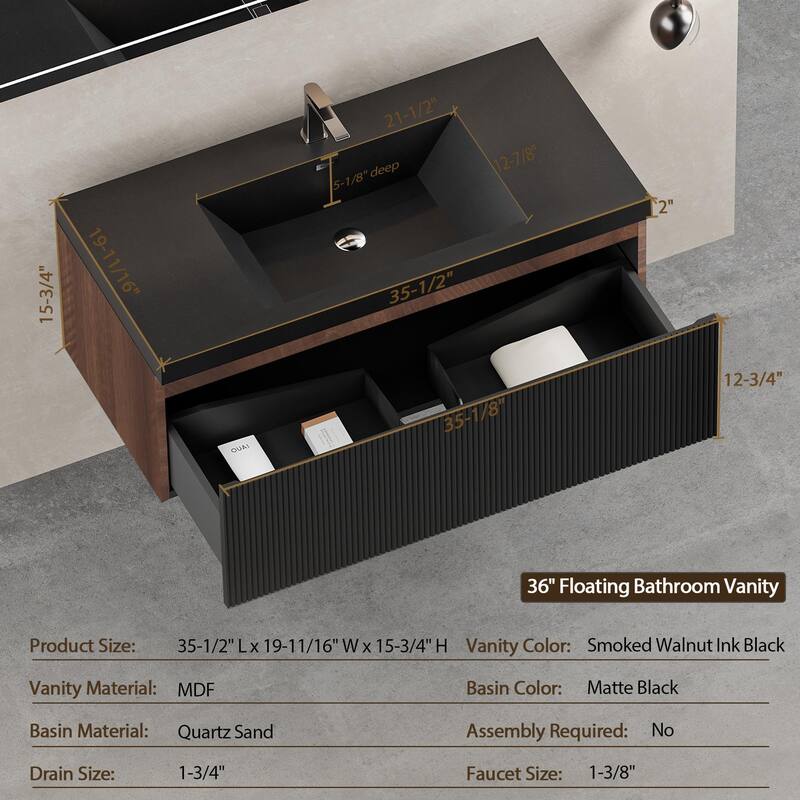 24''/30''/36''/42'' Floating Vanity,Smoked Walnut Storage Cabinet with Soft-Close Drawers,Black Quartz Sand Sink,Wall-Mounted