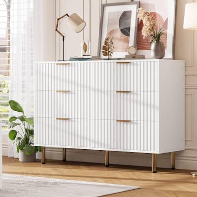 6 Drawer Fluted Dresser for Bedroom, Wide Modern Chest of Drawers, Long Double Dresser