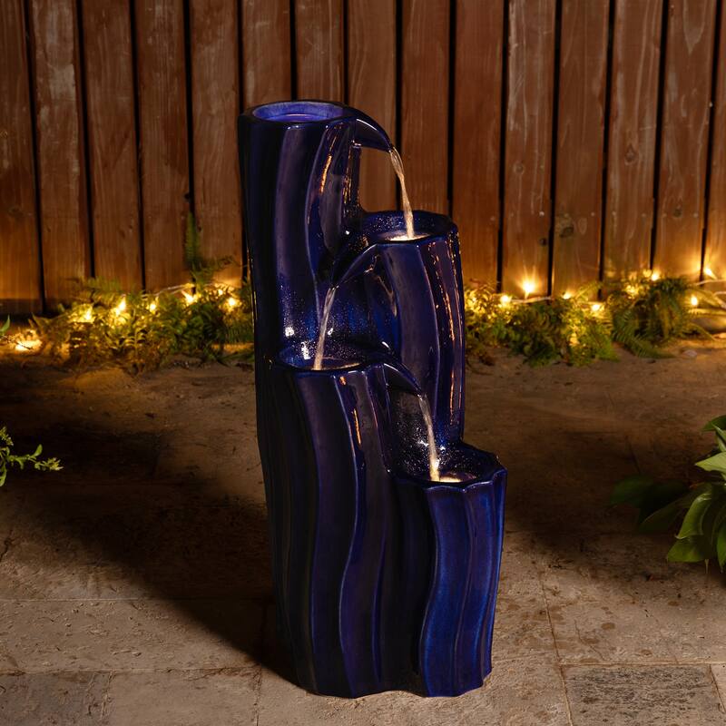 Glitzhome 29.5"H 4-Tiered Wavy Textured Outdoor Ceramic Floor Fountain with LED Light