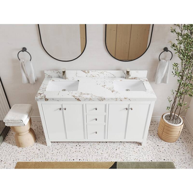 Willow Collections 60 in. W x 22 in. D Chicago Double Sink Bathroom Vanity with Countertop - 2" Viola Gold - White