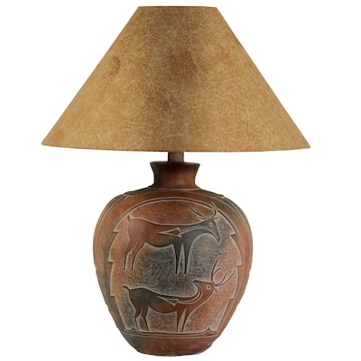 Siya 26 Inch Table Lamp, Urn Shaped Base, Deer Carvings, Black, Brown