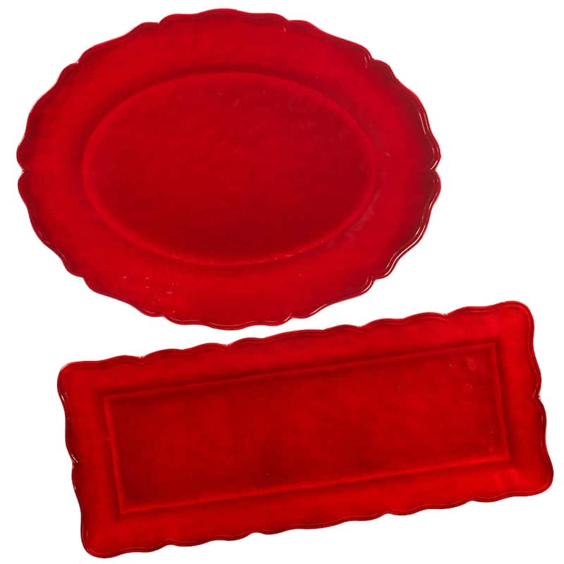 Certified International Red Crackle Melamine 2 pc Platter Serving Set - 19" x 8" x 0.25"