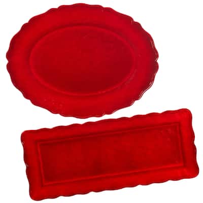 Certified International Red Crackle Melamine 2 pc Platter Serving Set - 19" x 8" x 0.25"