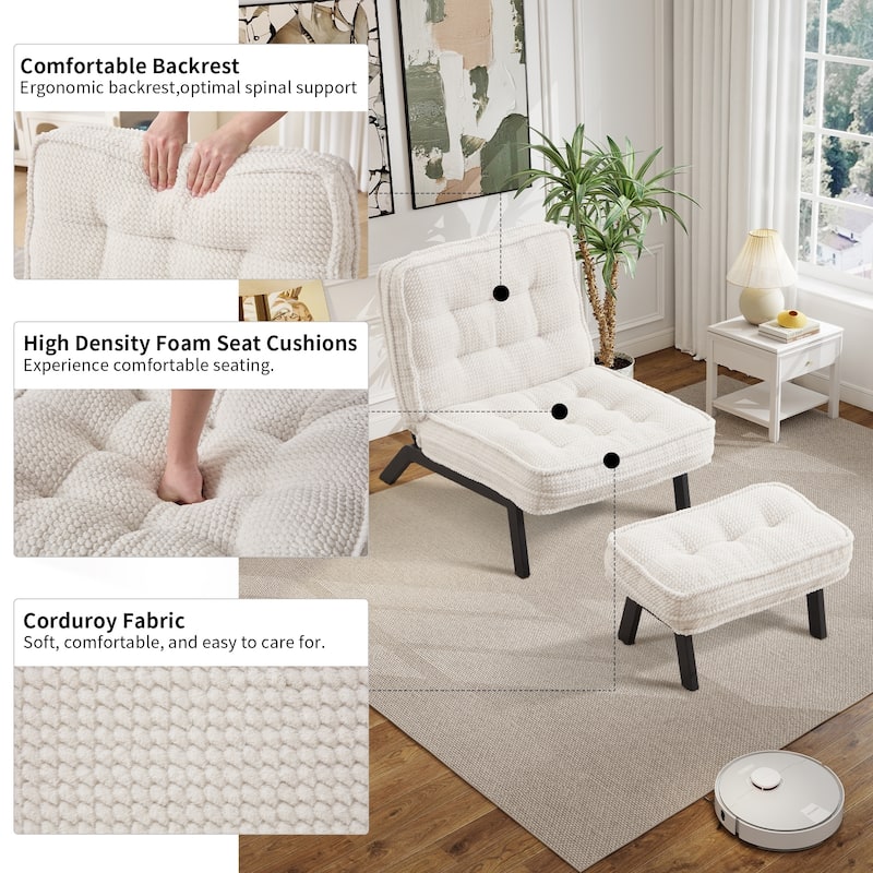 Upholstered Accent Chair with Ottoman, Armless Lounge Chair for Bedroom and Living Room, Comfortable Padded Seat with Wood Legs