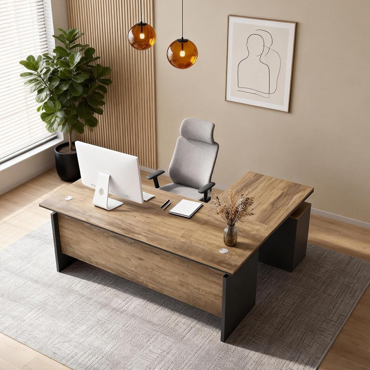 62.99" L Shaped Computer Home Office Desk Integrated Cable Management 3 Drawers