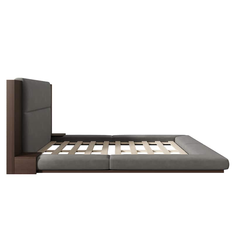 Velvet Upholstered Low Profile Bed Frame Gray Floor Platform Bed with Extended Wood Headboard & Bedside Shelf, Wood Slat Support