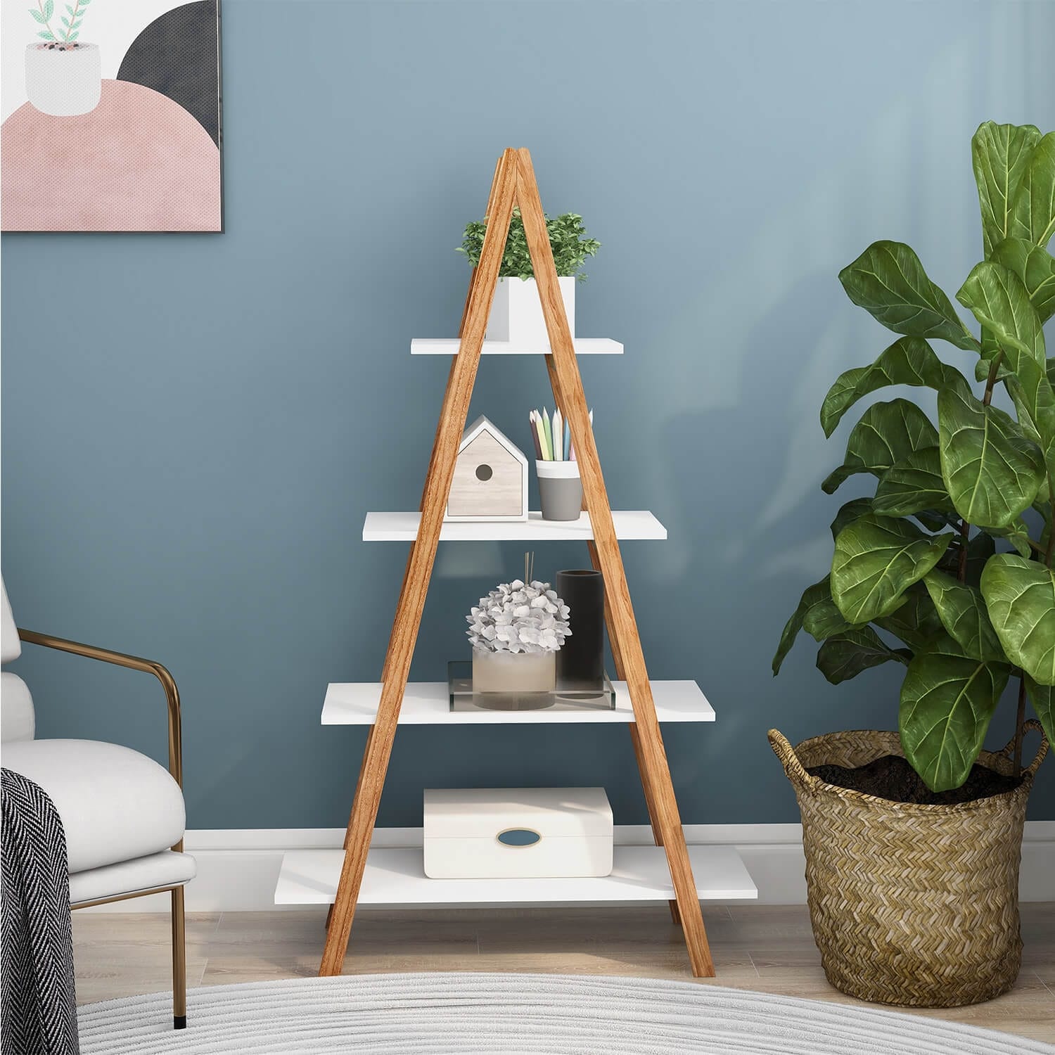 White/Bamboo 3-Tier Bath Leaning Ladder Shelf