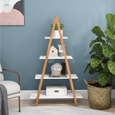 4 Tier A Frame Ladder Shelf 53.54"H white ladder shelf book display shelf with Bamboo Wood plant ladder small ladder shelf