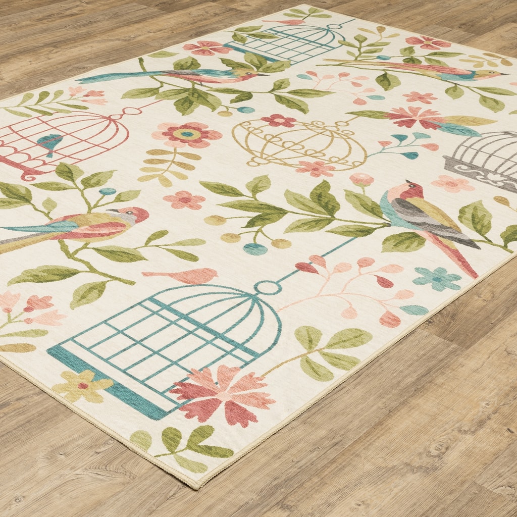 Style Haven Flores Bird Cages Beige/Multi Indoor-Outdoor Washable Rug