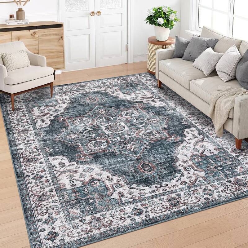 Vintage Rugs for Living Room, Medallion Print Soft Non Slip Low Pile Floor Carpet