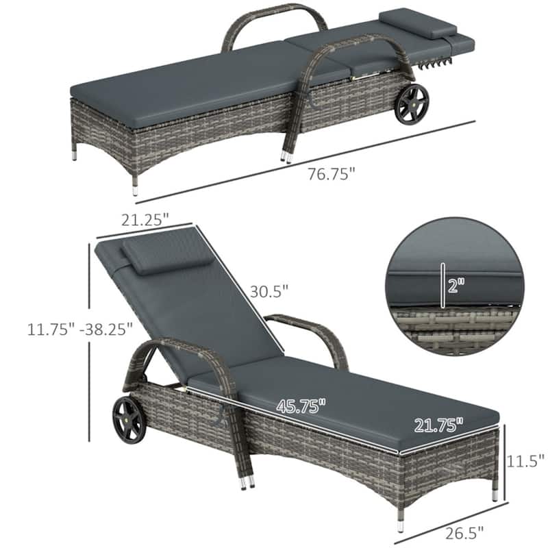 Outdoor Poolside Chaise Lounge Chair Set with Adjustable Backrest Wheels Thick Cushions Steel Rattan Patio Garden Furniture