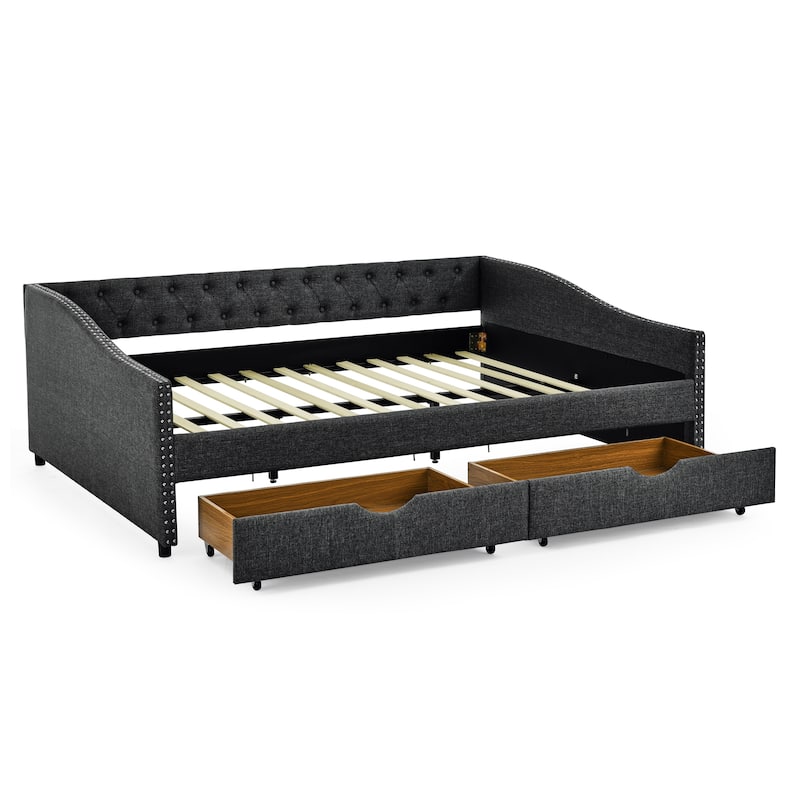 Queen Size Daybed with Upholstered Tufted Sofa Bed with Button on Back and Copper Nail on Waved Shape Arms(84.5"x63.5"x26.5")