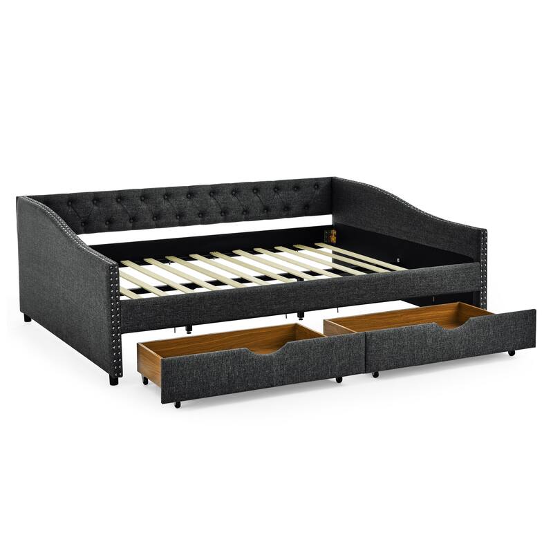 Roomfitters Twin/Full/Queen Upholstered Daybed with Tufted Backrest, Nailhead Trim and Underbed Storage Trundle