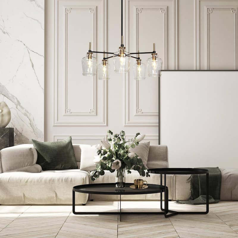 Modern 5-Light Black Gold Wagon Wheel Chandeliers Glass Pendant Light for Kitchen Dining Room