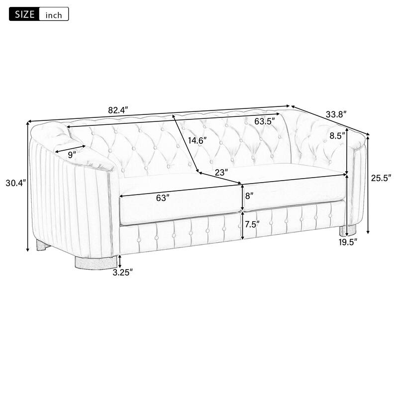 Roomfitters 82.4" Mid Century Modern Velvet Sofa Couch with Rubber Wood Legs and Thick Removable Seat Cushion, 3-Seater