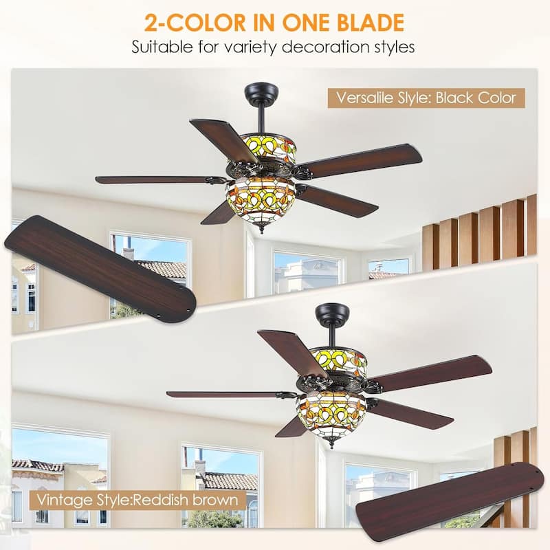 50" TiffanyTropical Ceiling Fan with 5 Palm Leaf Bllades and Vintage Cover Waterproof for Indoor and Outdoor Patio