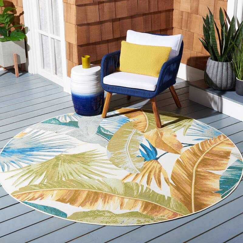 SAFAVIEH Barbados Ehrentrud Tropical Indoor/ Outdoor Waterproof Patio Backyard Rug - 8' Round - Gold/Green