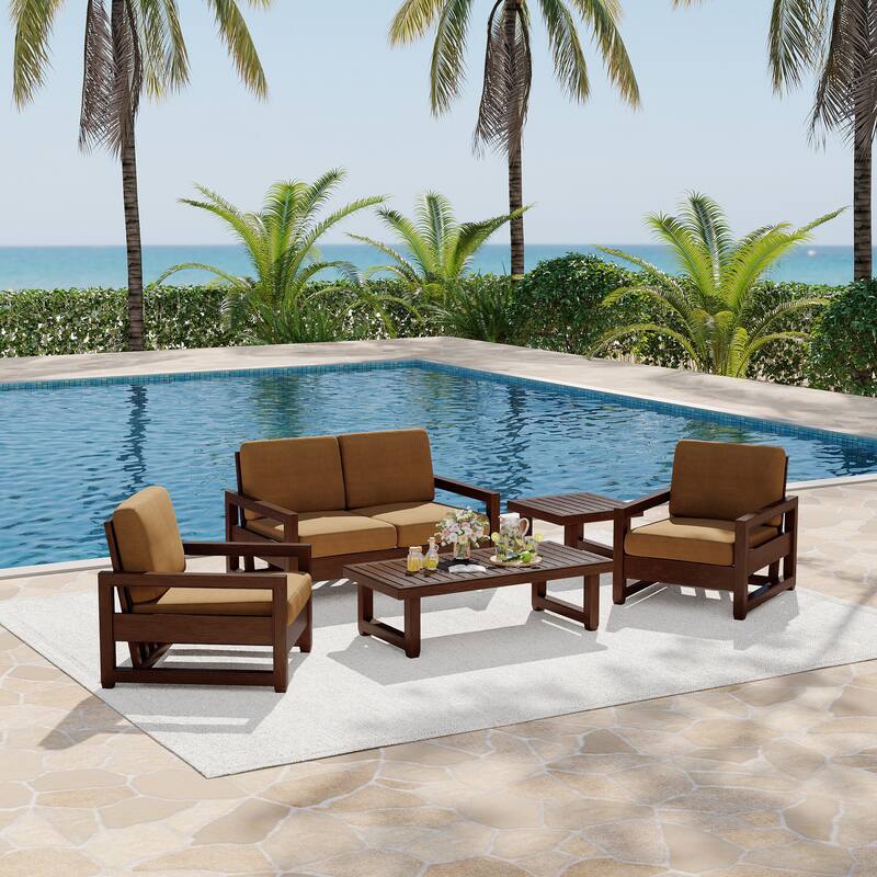 5-Piece Patio Wood Conversation Set with Loveseat, Chairs and Tables