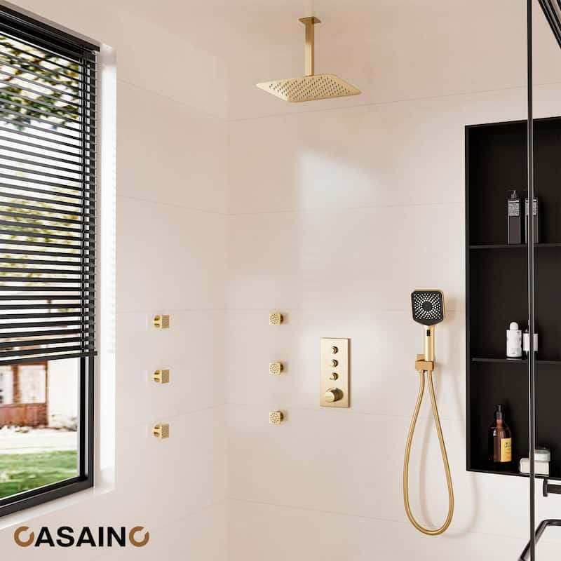 Luxury Thermostatic Shower System 3-Spray Patterns Ceiling Mount Fixed Shower Head and Handheld Spray with 6 Body Jets