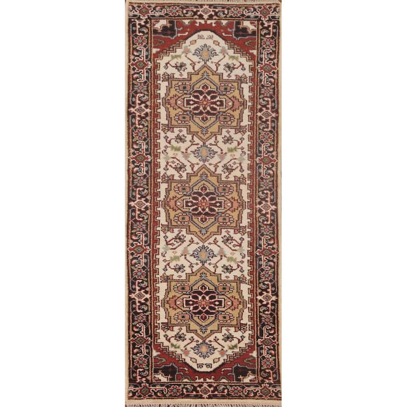 Geometric Heriz-Serapi Runner Rug Hand-Knotted Bedroom Wool Carpet - 2'6"x 8'0"