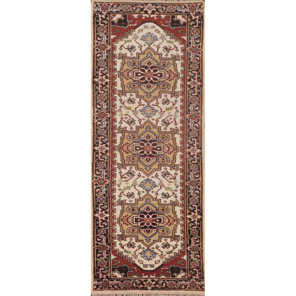 Geometric Heriz-Serapi Runner Rug Hand-Knotted Bedroom Wool Carpet - 2'6"x 8'0"