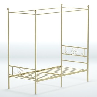 Teraves Twin Canopy Bed Frame 4-Post Metal Platform Bed with Headboard and Footboard, Gold
