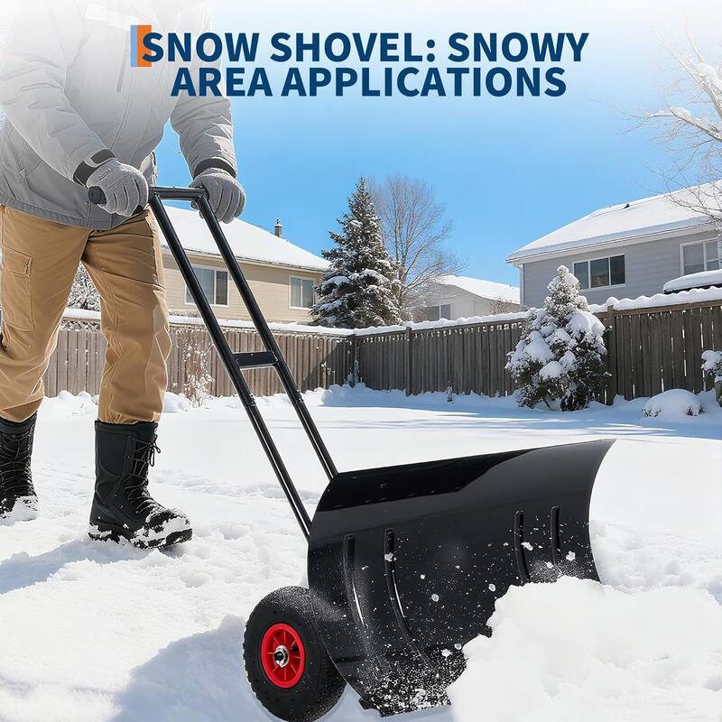 29.13* 16.54 in Heavy Duty Snow Shovel Pusher with Wheels for Driveways, Sidewalks & Courtyards