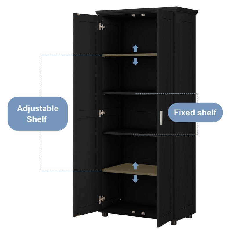 Roomfitters Tall 2-Door Storage Cabinet with 5-Tier Adjustable Shelves, Modern MDF Linen Tower for Bathroom & Office, Black