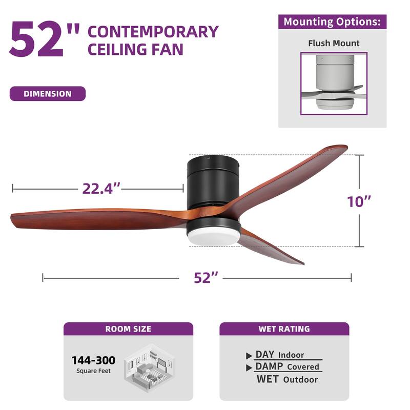 Moasis 52 Inch LED Ceiling Fan with Lights Remote 3 Blades