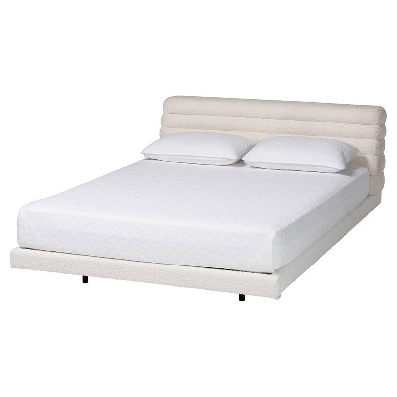 Alfie Boucle Floating Bed with Channel Tufted Headboard - Low Profile Minimalist Platform Bed Frame - King