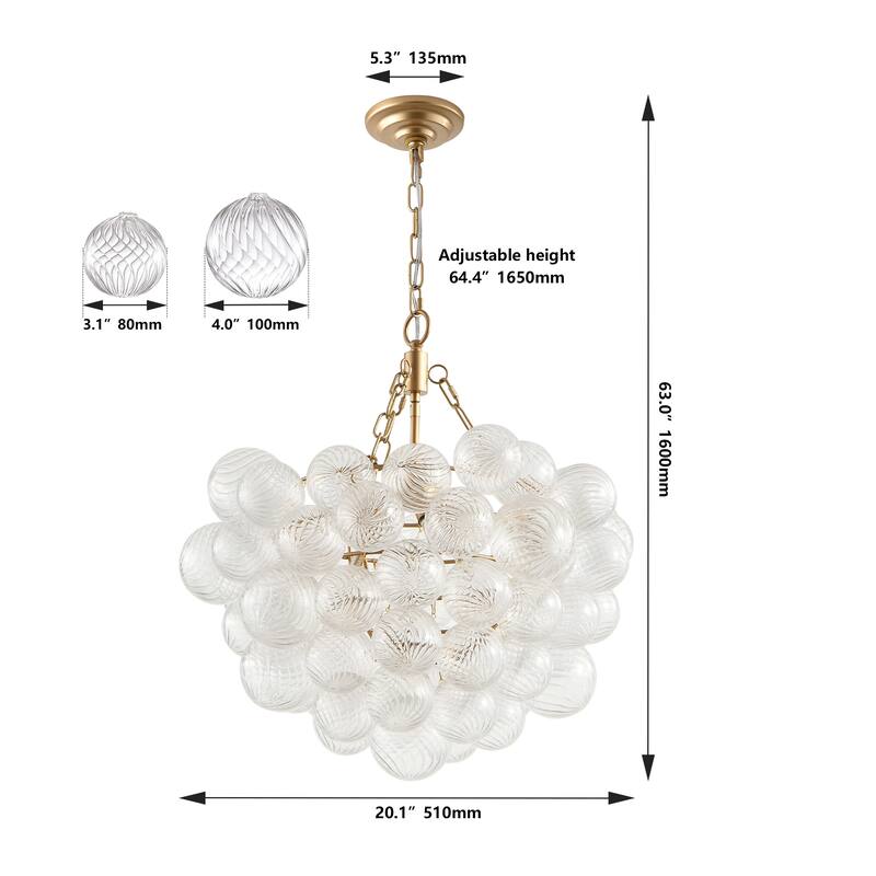 Modern Gold Pendant Light Chandelier with Threaded Clear Glass Globe Shade Adjustable Height, for Living Room, Dining Room