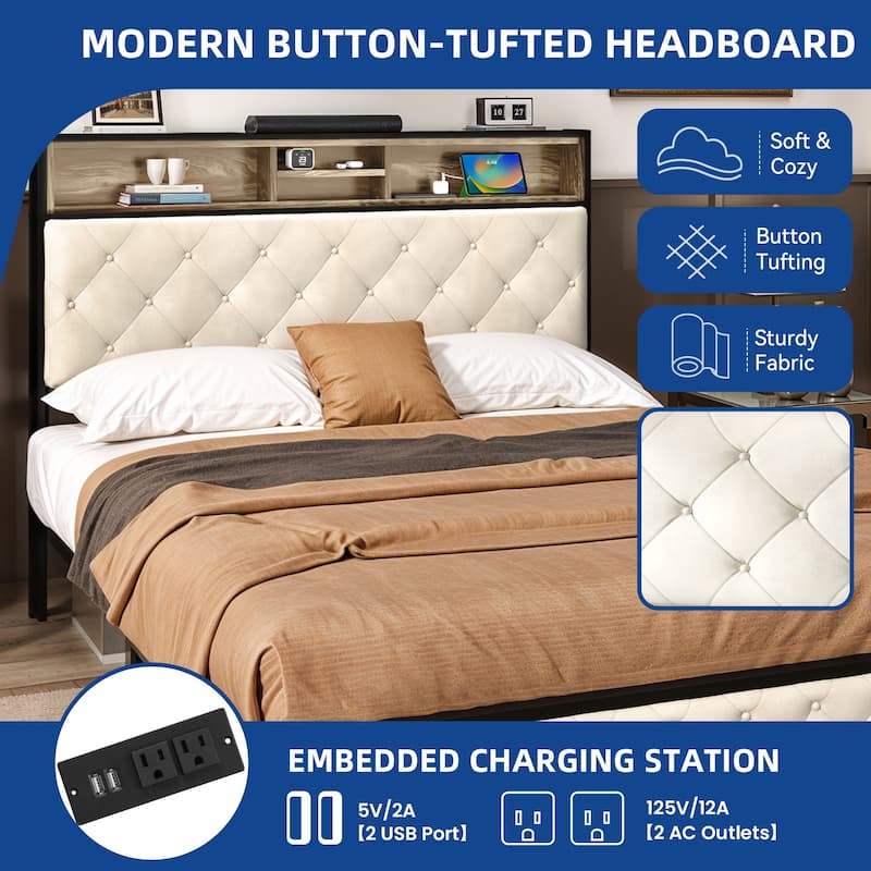 Modern King Upholstered Storage Bed With USB Power pad
