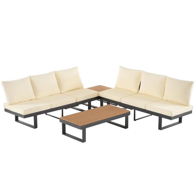 Outdoor Patio Conversation Sofa Set L-shape Sectional Sofa Set with Adjustable Reclining Seats, Coffee Table, Side Table