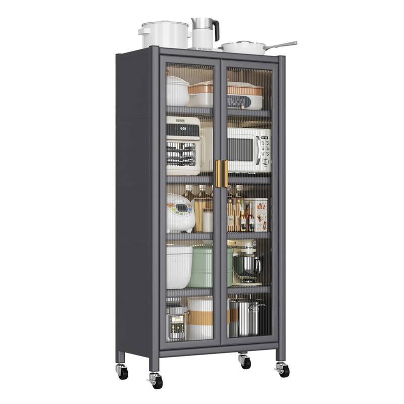 67'' Tall Kitchen Storage Cabinet, Metal Storage Cabinet with Wheels and Adjustable Shelves