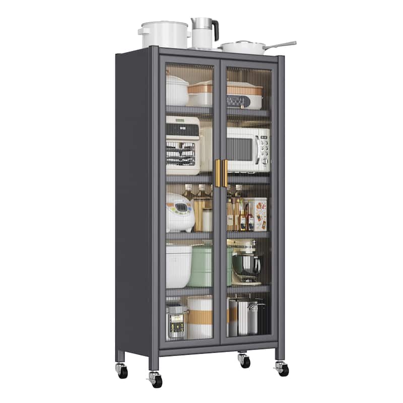 Open-door kitchen shelving Floor-to-ceiling multilevel household microwave storage cabinet bowls - Grey