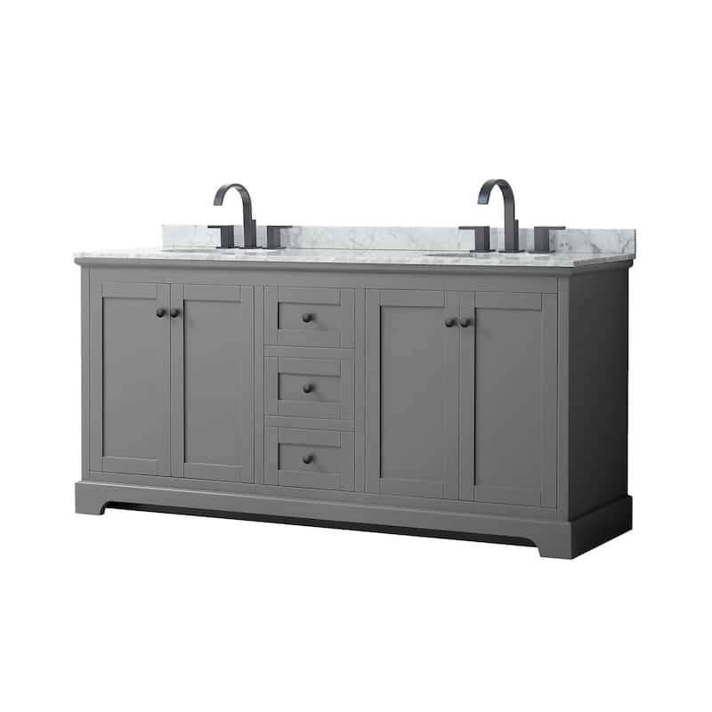 Wyndham Collection Avery 72" Free Standing Double Basin Vanity Set - Dark Gray / White Carrara Marble Top / Matte Black - Steel Finish