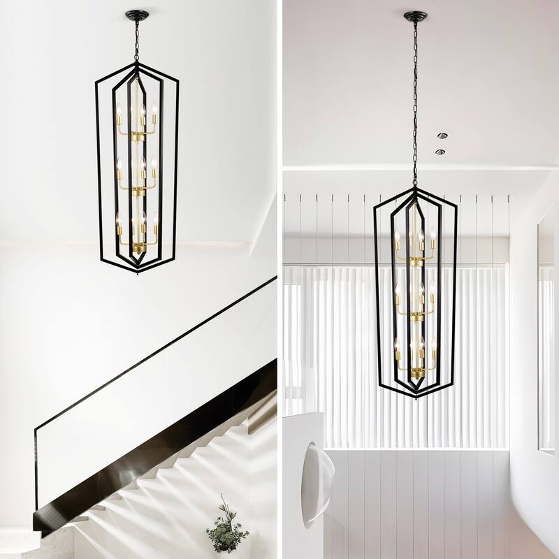 8-Light Black and Gold Lantern Chandelier, Adjustable Ceiling Pendant Light for Dining Room, Kitchen, Living Room, Entryway
