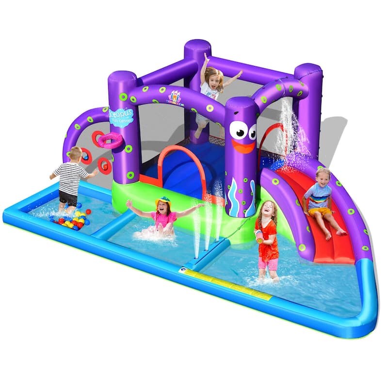 Gymax Inflatable Water Slide Castle Kids Bounce House w/ Octopus Style - See Details - Purple, Blue, Green, Red - See Details - 5-7 Years