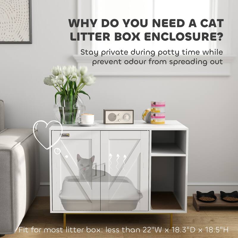 PawHut Cat Litter Box Enclosure, Kitty Litter Box Furniture with Scratching Pad, Storage, White