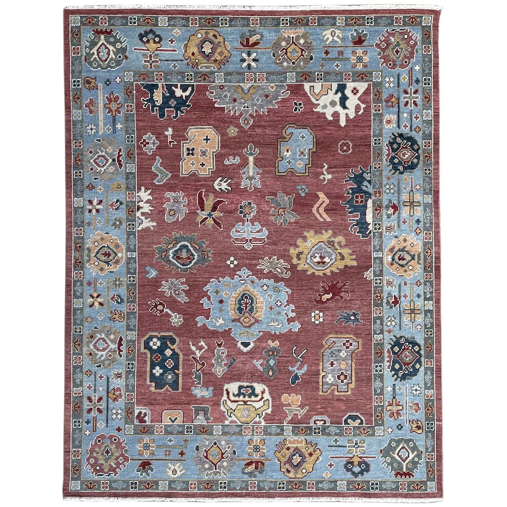 Rust/Sky Blue Hand Knotted Wool Traditional Colorful Mahal Classic Rug, 8' x 10', soft stylish floor - L